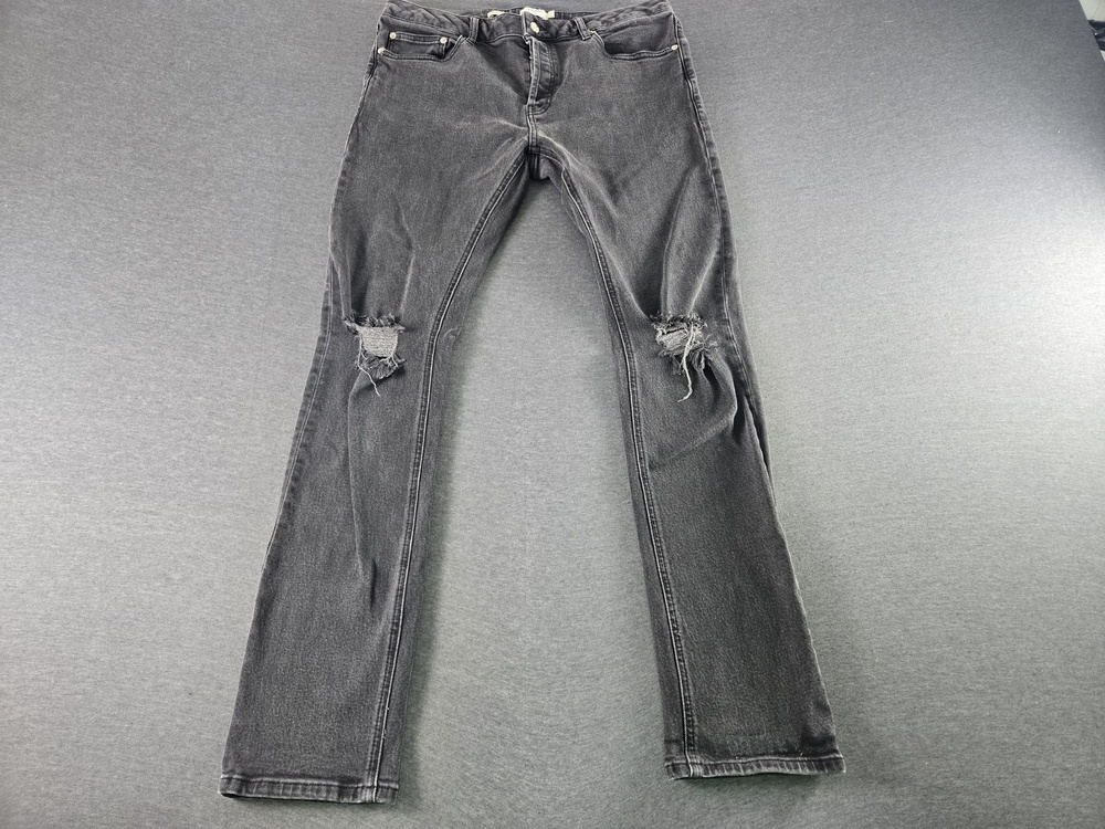 Topman Jeans Mens 36L Black Charcoal Wash Stretch Slim Tapered Distressed Denim